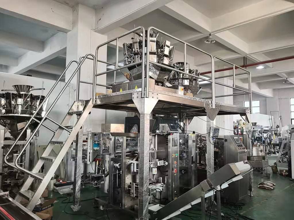 This is a typical coffee packaging line, configured with multi-head weigher.