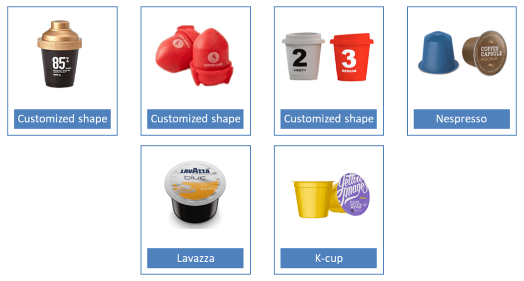 These are the applicable types of coffee cupsules for the rotary mechanical driven coffee capsule fill and seal machine, like Nespresso capusules, Lavazza capsules, K-cup, and other coffee capsules with customized shapes.